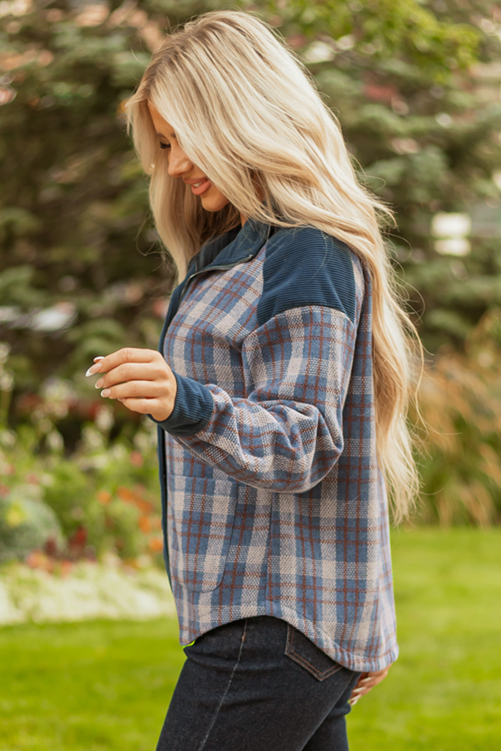 Gray Plaid Corduroy Patchwork Collared Zip Up Snap Button Jacket - Image 3