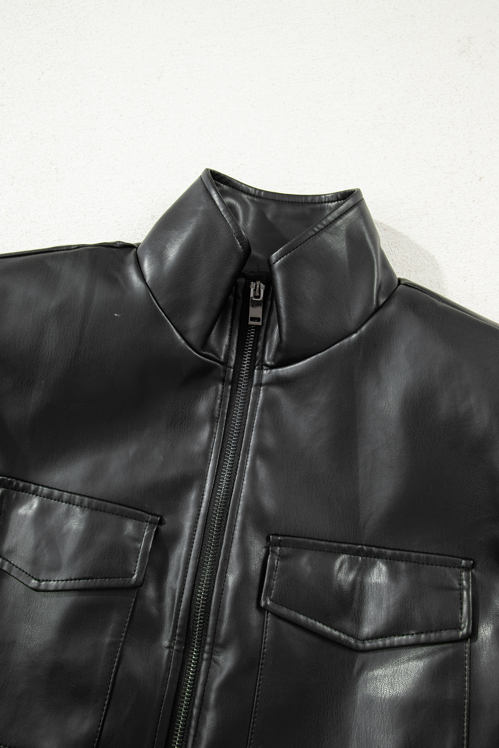 Black Double Flap Pocket Faux Leather Zip Up Stand Neck Vest - Image 6