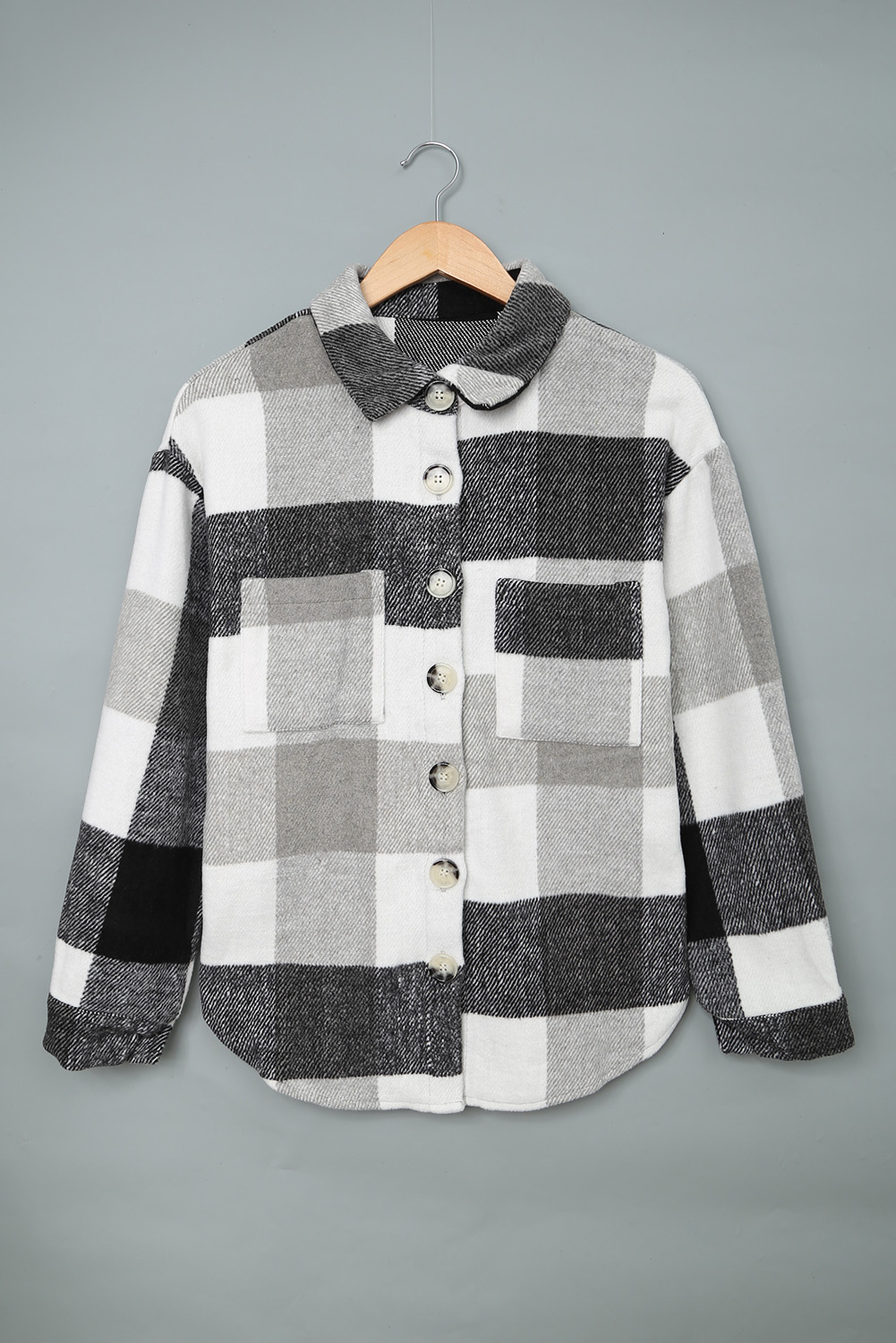 Gray Plaid Color Block Buttoned Long Sleeve Jacket with Pocket - Image 8