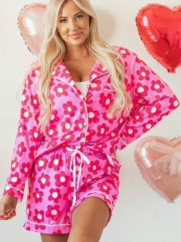 Pink Flower Print Long Sleeve Shirt Shorts Pajamas Set