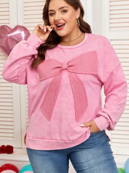 Bonbon Waffle Bowknot Patchwork Graphic Mineral Wash Plus Size Sweatshirt