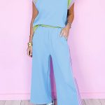 Sky Blue Color Block Detail Casual Two-piece Outfit