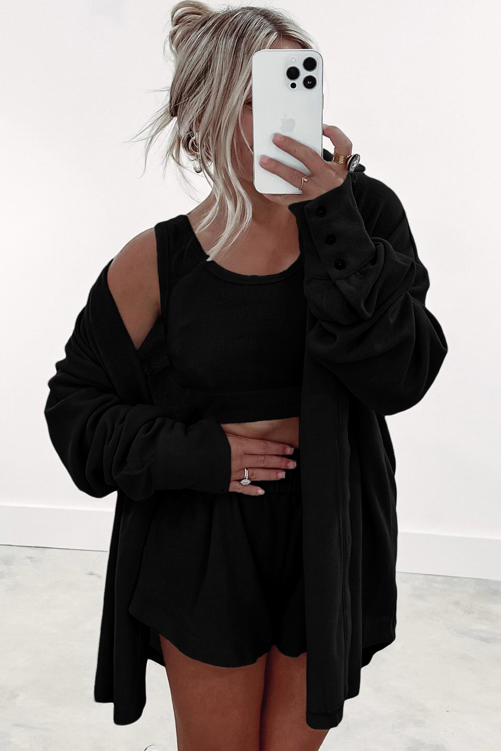 Black 3 Pcs Crop Tank Top Shorts with Cardigan Lounge Set - Image 3