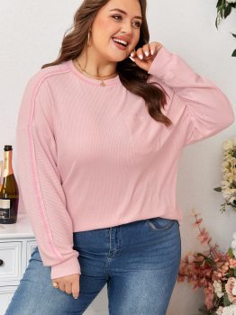 Bonbon Ribbed Exposed Seam Round Neck Chest Pocket Plus Knit Top