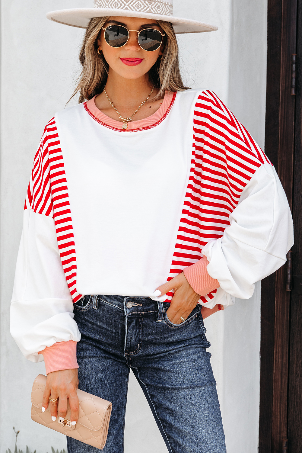 Red Stripe Colorblock Patchwork Contrast Stitching Oversize Sweatshirt - Image 6