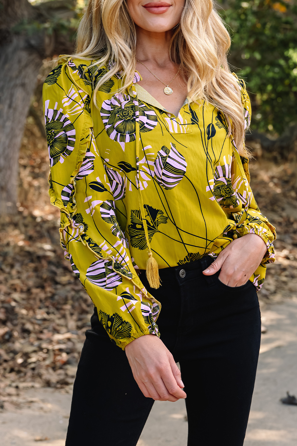 Yellow Vintage Floral V Neck Ruffle Trim Long Sleeve Blouse - Image 6