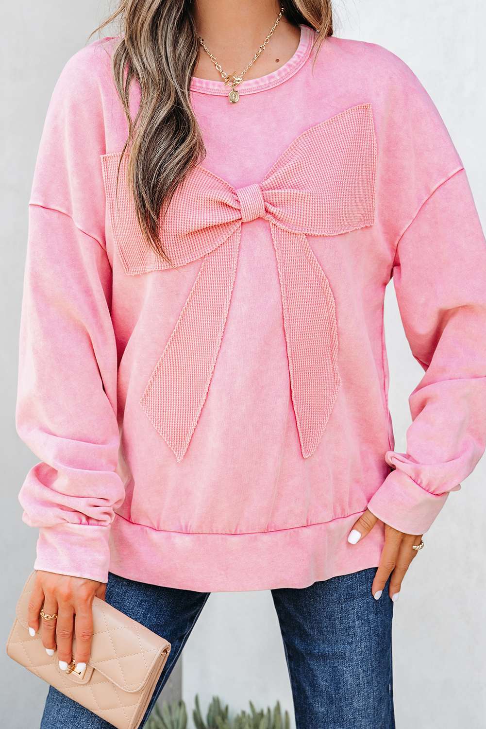 Bright Pink Mineral Wash Big Bow Patchwork Pullover Sweatshirt - Image 8