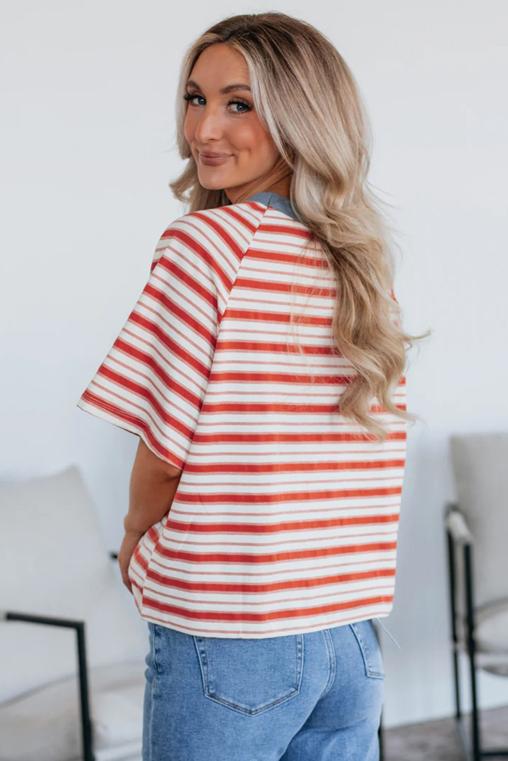 Tomato Red Stripe Print Contrast Collar Raglan Sleeve T Shirt - Image 2