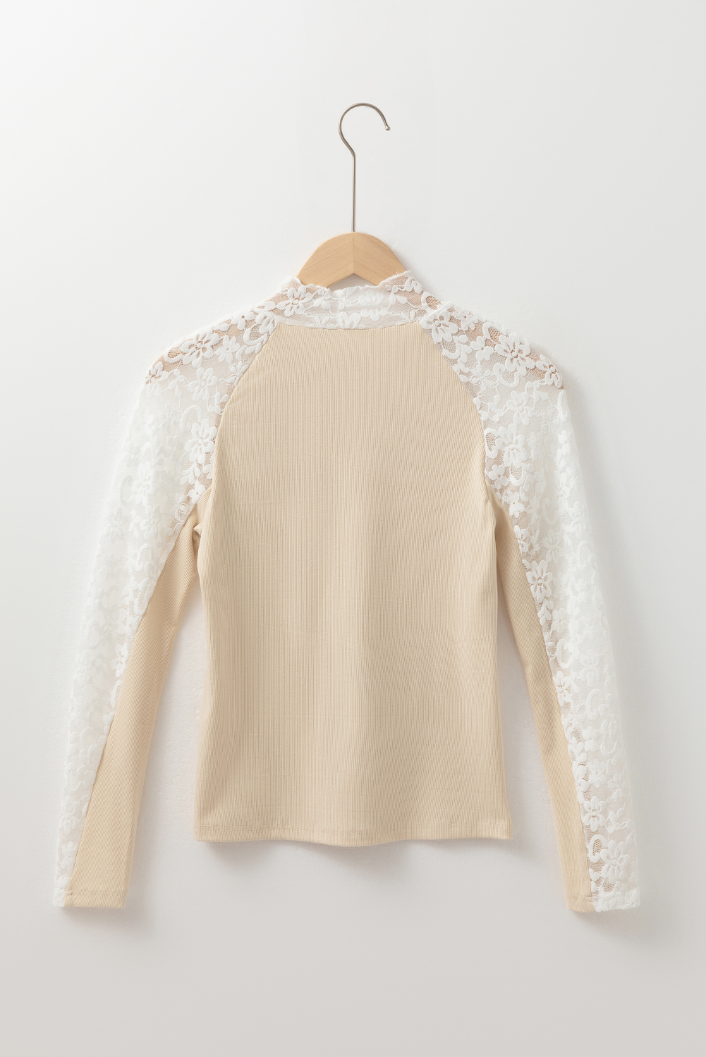 Beige Floral Lace Patchwork Long Sleeve High Neck Slim Top - Image 7