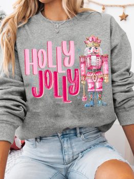 Gray HOLLY JOLLY Nutcracker Print Crew Neck Christmas Sweatshirt