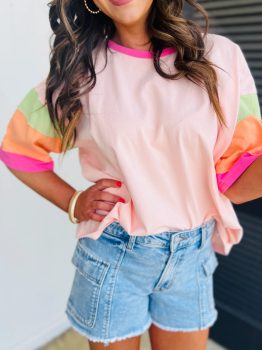 Pink Color Block Stitching Sleeve Round Neck Oversize Top