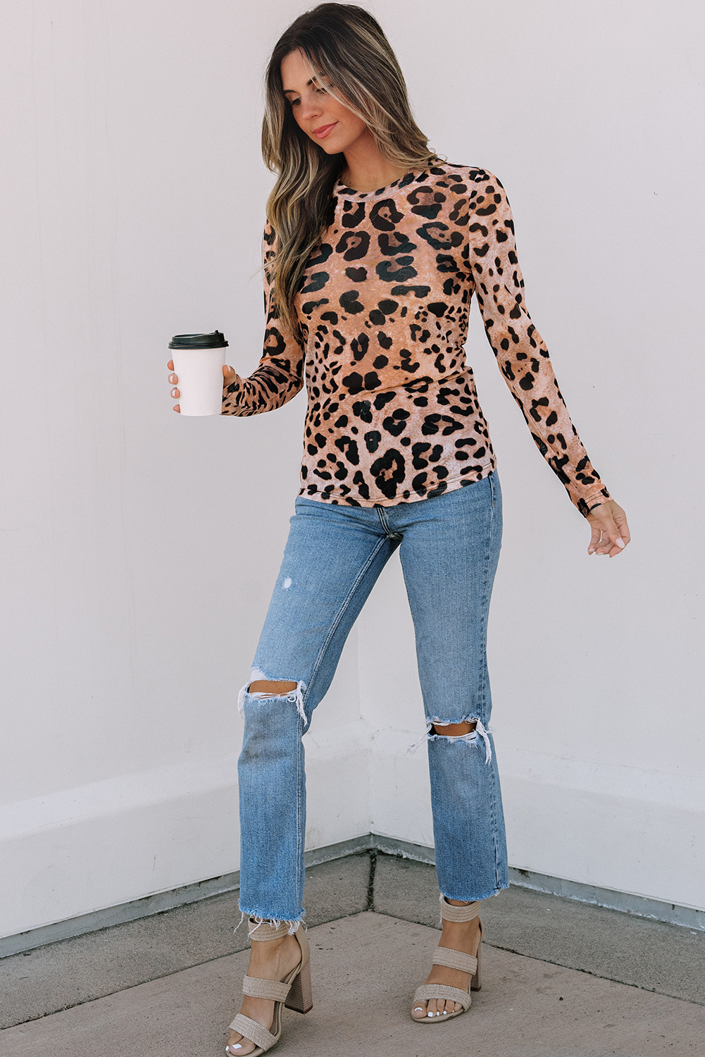 Brown Leopard Round Neck Long Sleeve Slim Top - Image 3