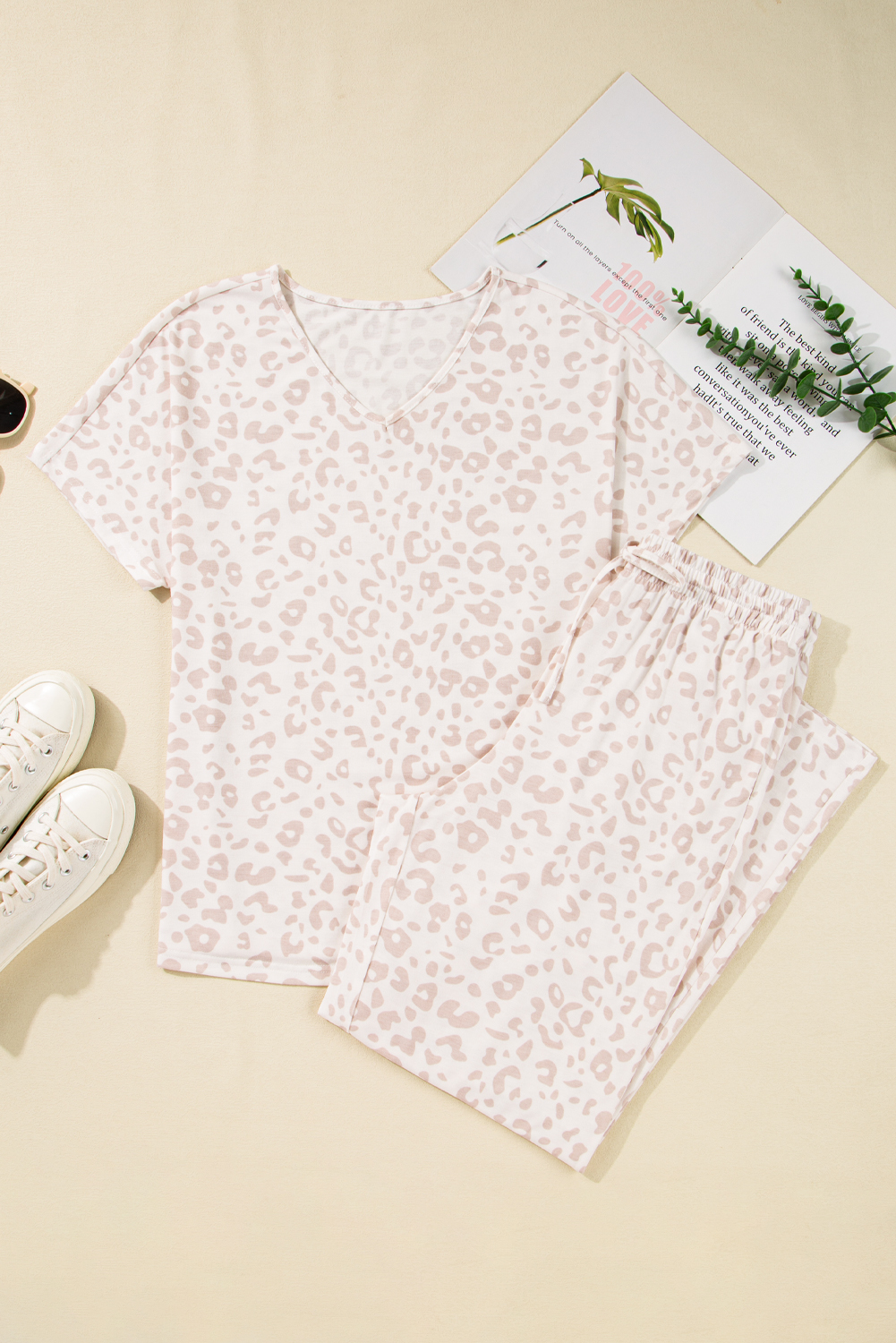 Beige Cheetah V Neck Tee and Pants Lounge Set - Image 5