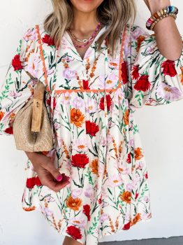 Beige Floral Print 3/4 Puff Sleeve Ricrac Trim Mini Dress