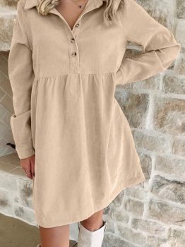 Oatmeal Corduroy Half Button Collared Long Sleeve Mini Dress