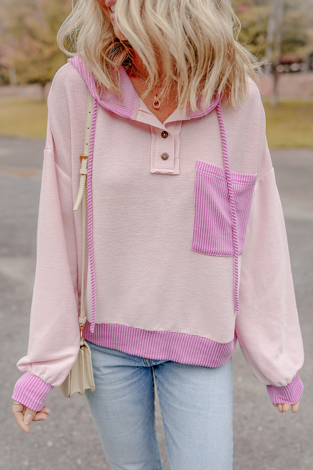 Light Pink Corded Colorblock Patch Pocket Drawstring Hooded Top - Image 3
