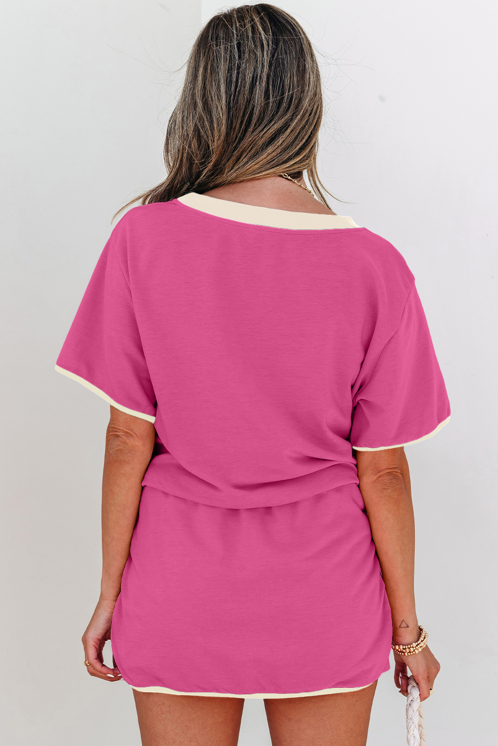 Rose Red Colorblock Edge Drop Shoulder T Shirt and Skort 2Pcs Set - Image 2