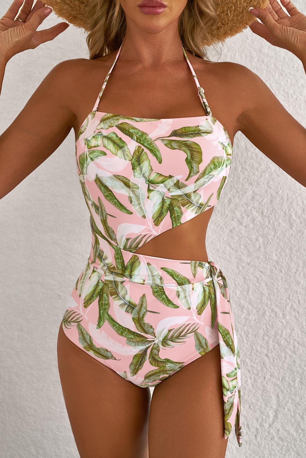 Pink Tropical Asymmetric Cut out Halter Backless One Piece Swimwear - Image 6