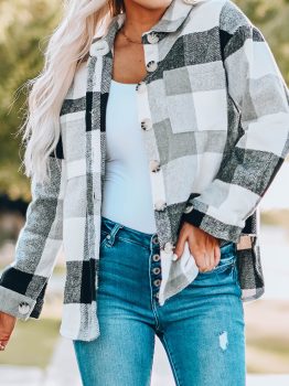 Gray Plaid Color Block Buttoned Long Sleeve Jacket with Pocket