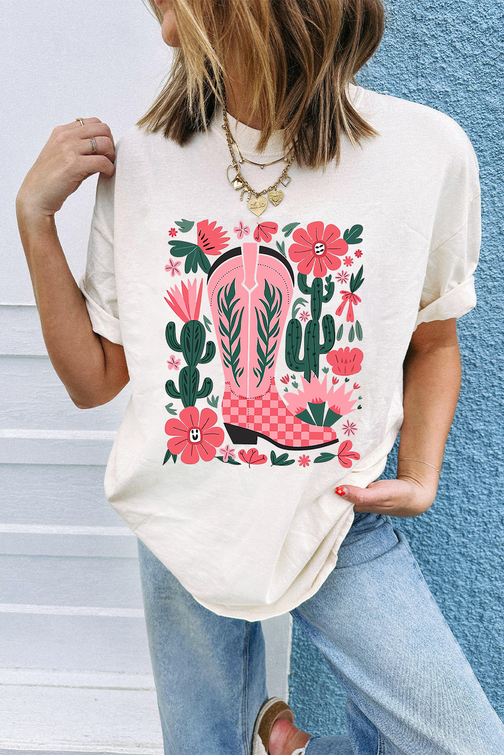 White Western Boots Flower Print Round Neck T Shirt - Image 4