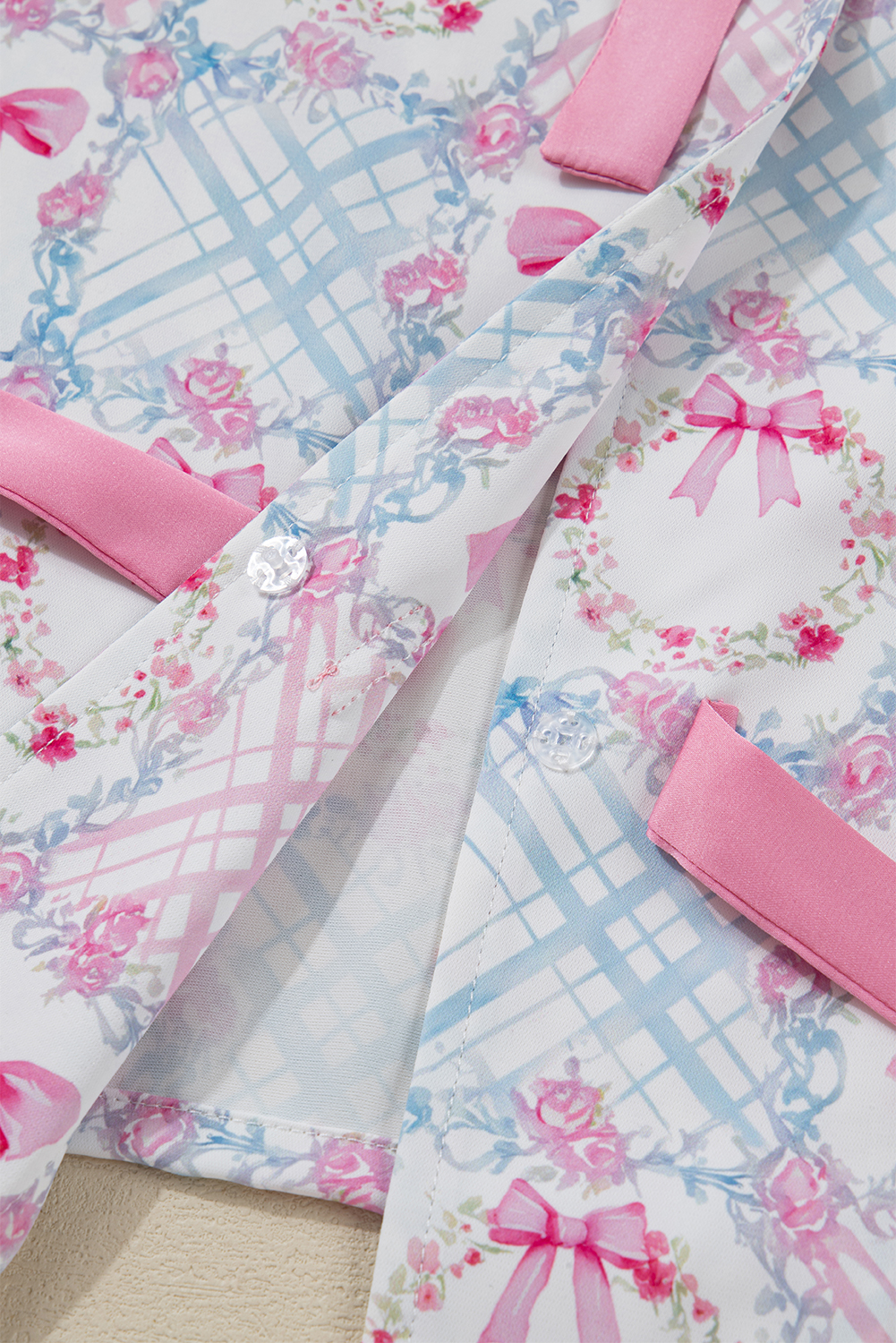 Pink Bow Wreath Pattern Christmas Holiday Tied Front Long Sleeve 2pcs Pajama Set - Image 7