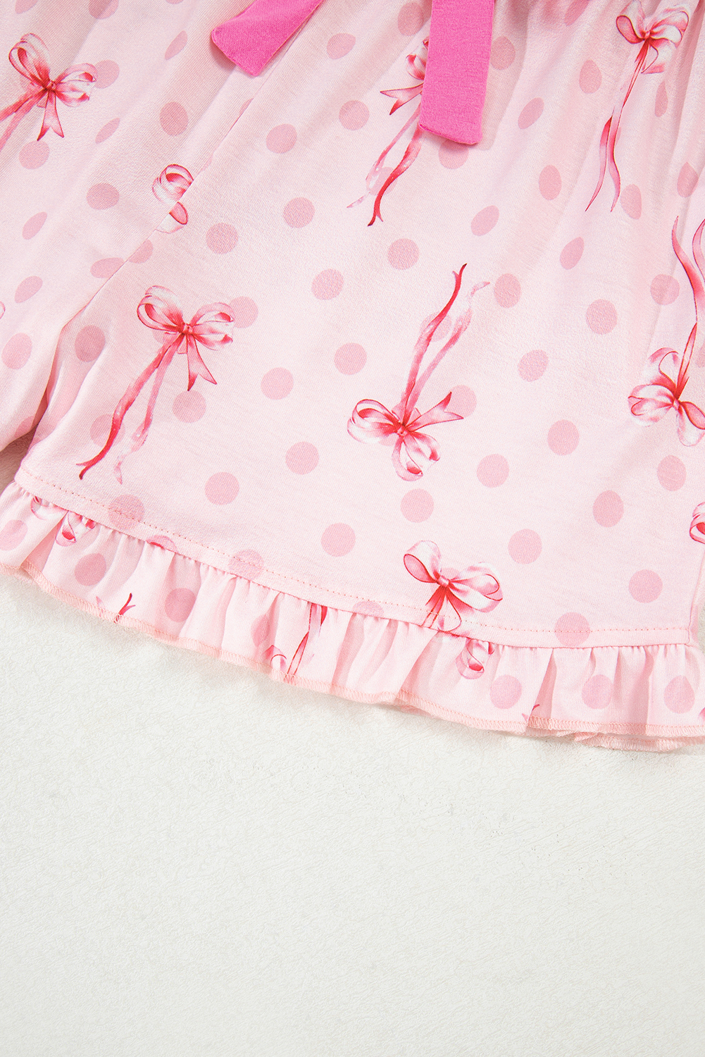 Pink Bow Print Contrast Pipping Short Pajamas Set - Image 7