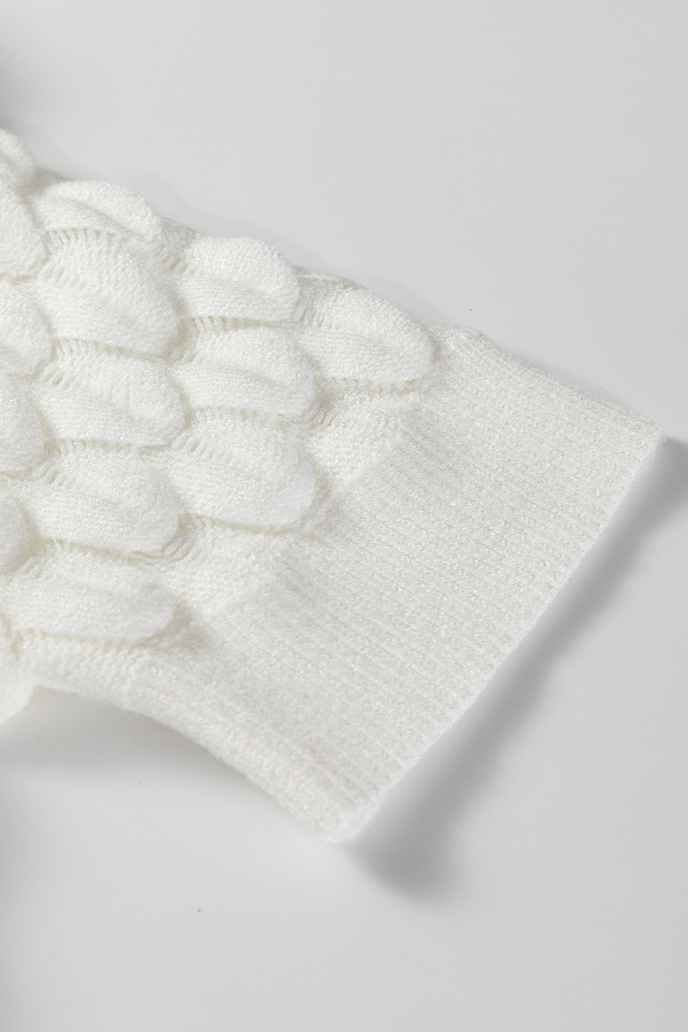 White Fish Scale Textured Knit Ribbed High Neck Short Sleeve Sweater - Image 6