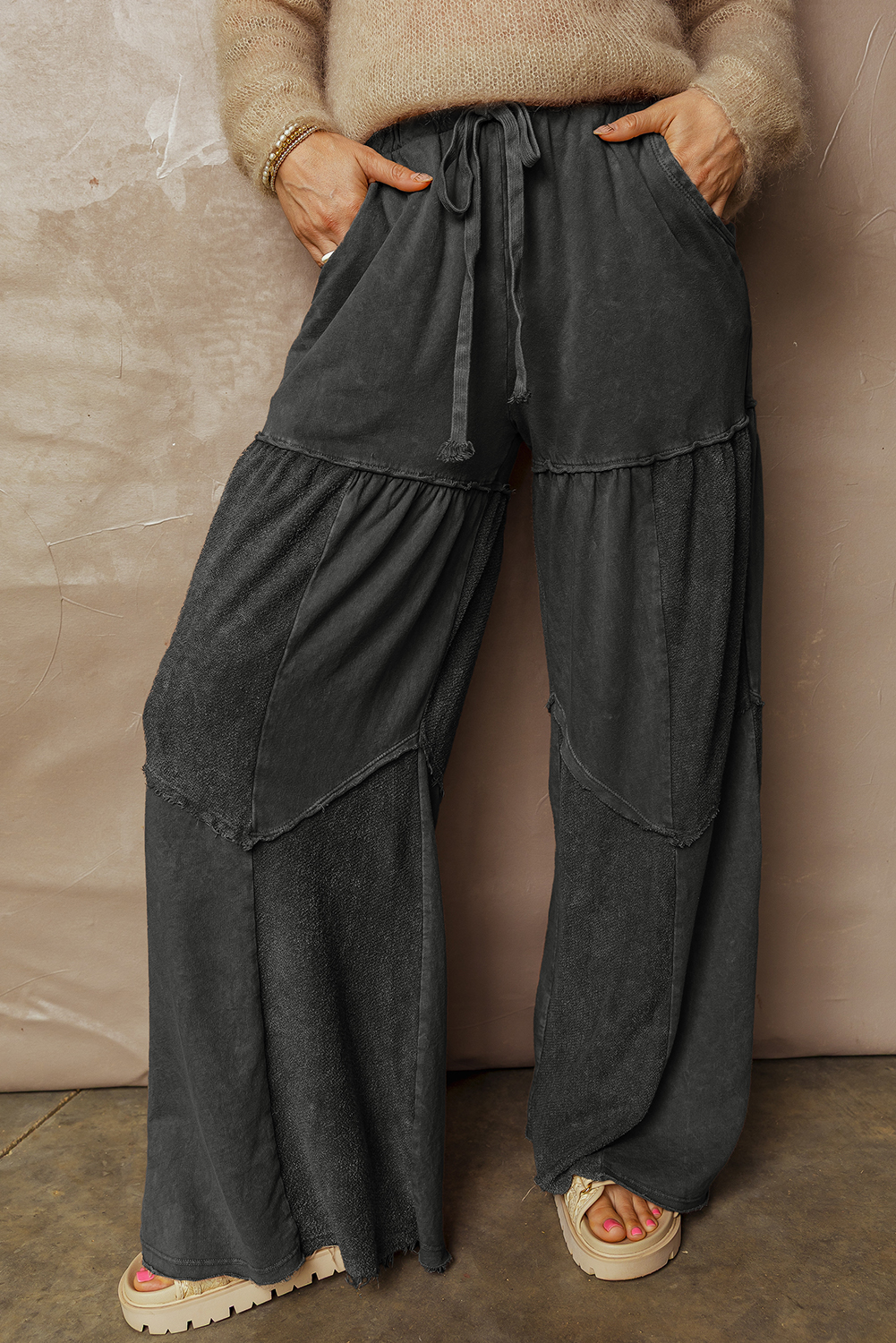Black Mineral Wash Tiered Wide Leg Patchwork Drawstring Pants - Image 4