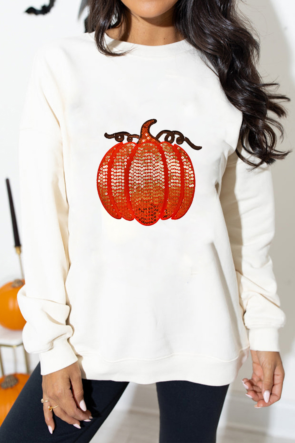 White Sequin Pumpkin Patched Casual Pullover Graphic Sweatshirt - Image 3