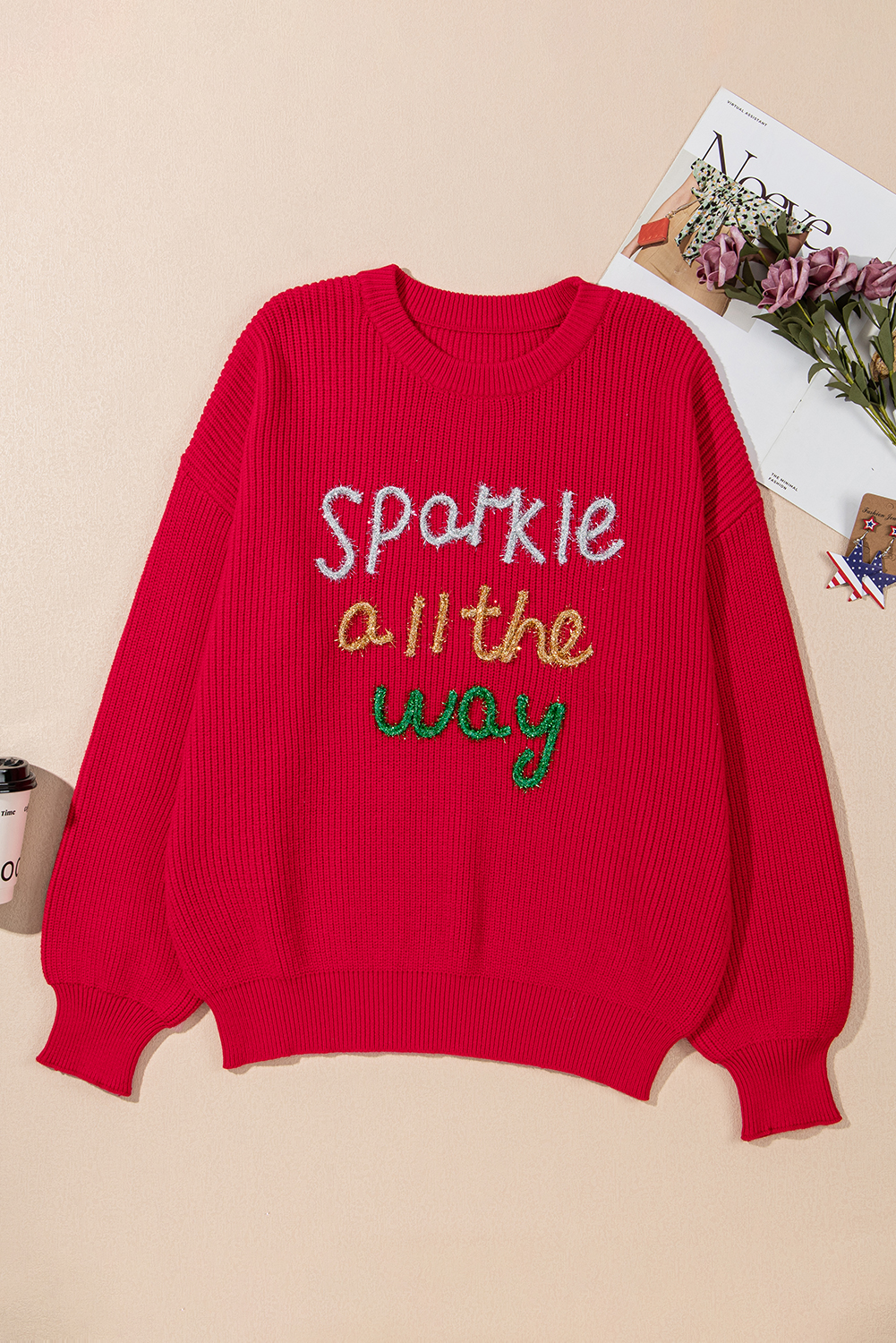 Racing Red Sparkle All The Way Tinsel Crew Neck Plus Size Sweater - Image 8