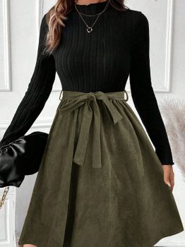 Black Ribbed Knit Slim Bodice Contrast Flared Skirt Patchwork Belted Dress