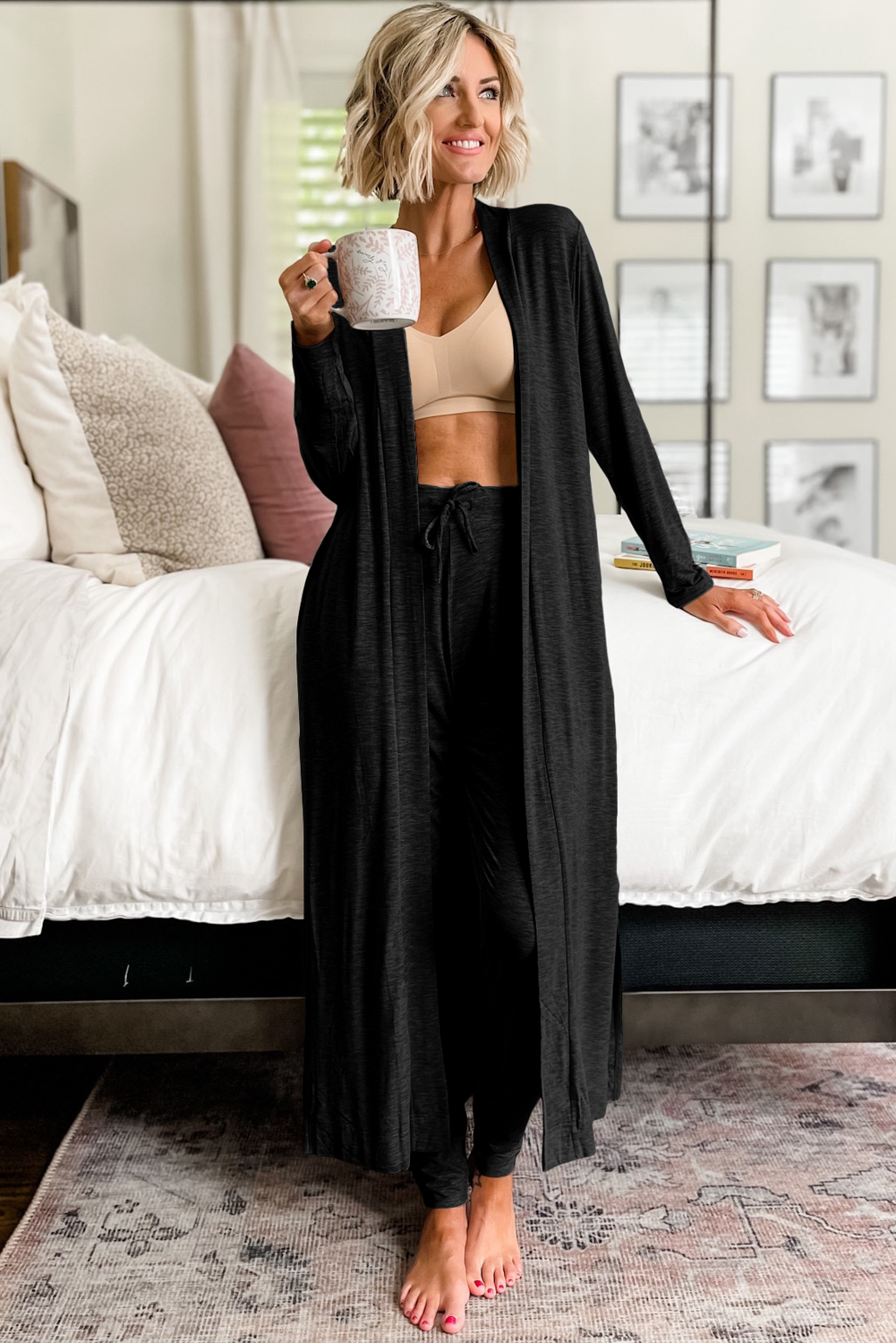 Black Split Long Cardigan and Skinny Pants Lounge Set - Image 2