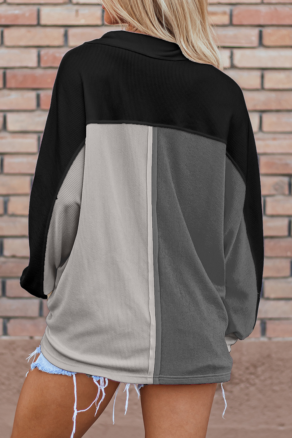 Gray Colorblock Ribbed Collared Oversized Sweatshirt - Image 2