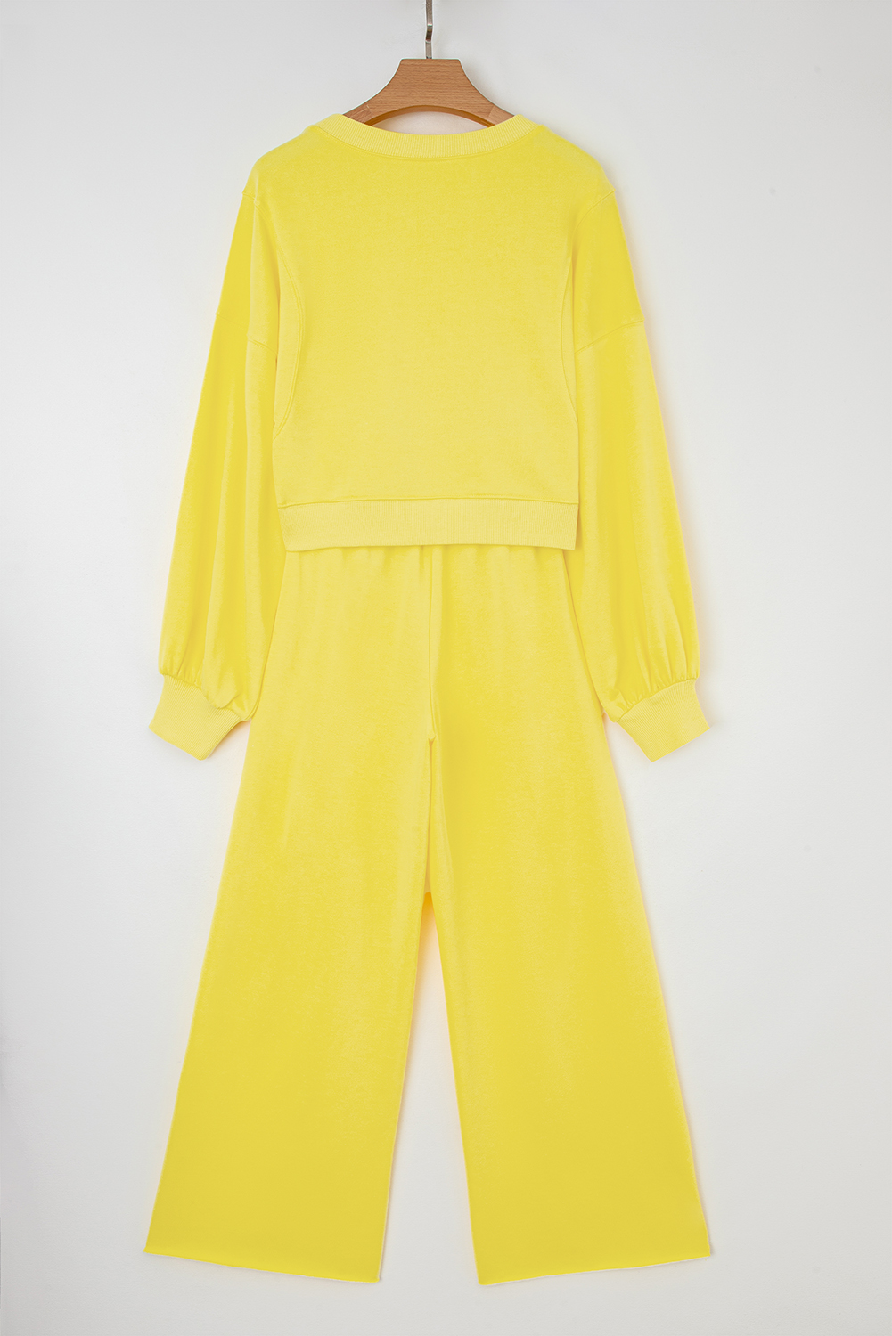 Yellow Cream Drop Shoulder Puff Sleeve Crop Pullover Drawstring Wide Leg Pants Set - Image 8