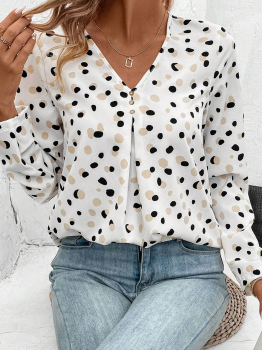 White Polka Dot Print Button Front V Neck Blouse