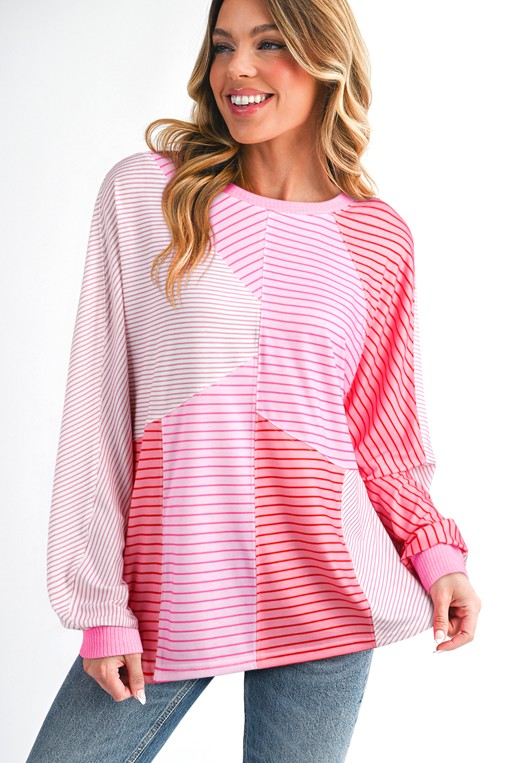 Sachet Pink Striped Colorblock Exposed Seam Casual Long Sleeve Top - Image 3