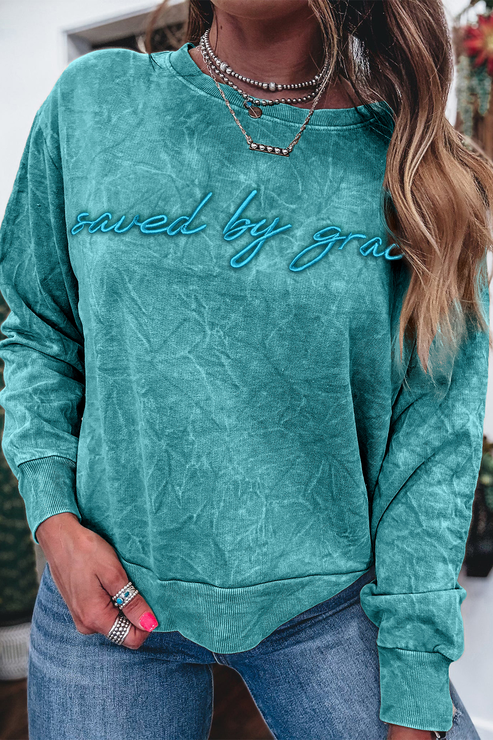 Sea Green saved by grace Letter Embroidery Mineral Wash Loose Sweatshirt - Image 3