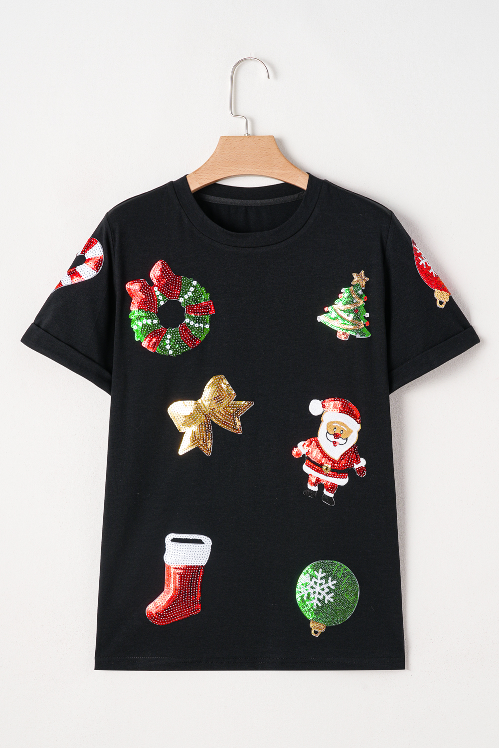 Black Sequin Christmas Essentials Graphic Crewneck T Shirt - Image 5