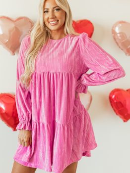Strawberry Pink Flounce Sleeve Tiered Ruffled Velvet Mini Dress