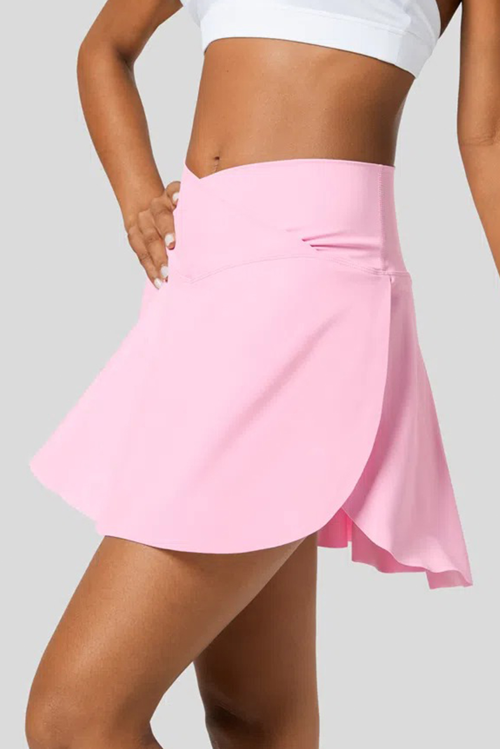 Pink Solid Pocketed Crossover High Waist Swim Skort - Image 7