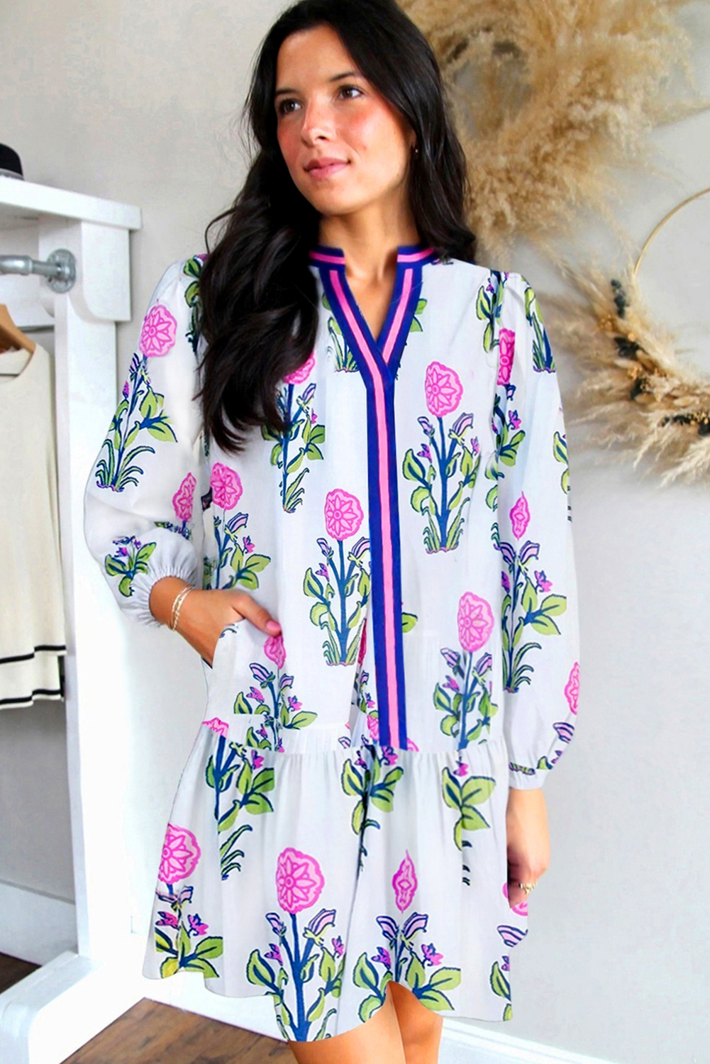 White Floral Print Contrast Striped Trim Notched Neck Long Sleeve Dress - Image 4