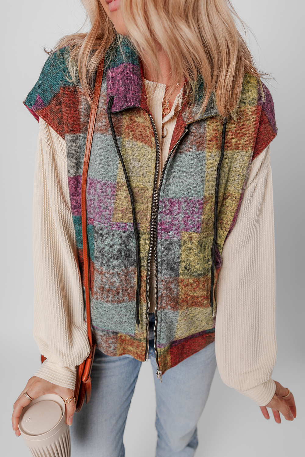 Multicolor Plaid Print Side Pockets Zipped Loose Vest - Image 3
