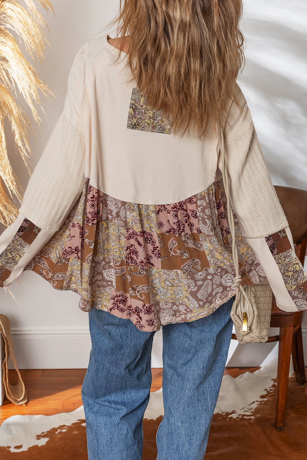 Beige Paisley Ethnic Print Contrast Patchwork Long Sleeve Loose Top - Image 2