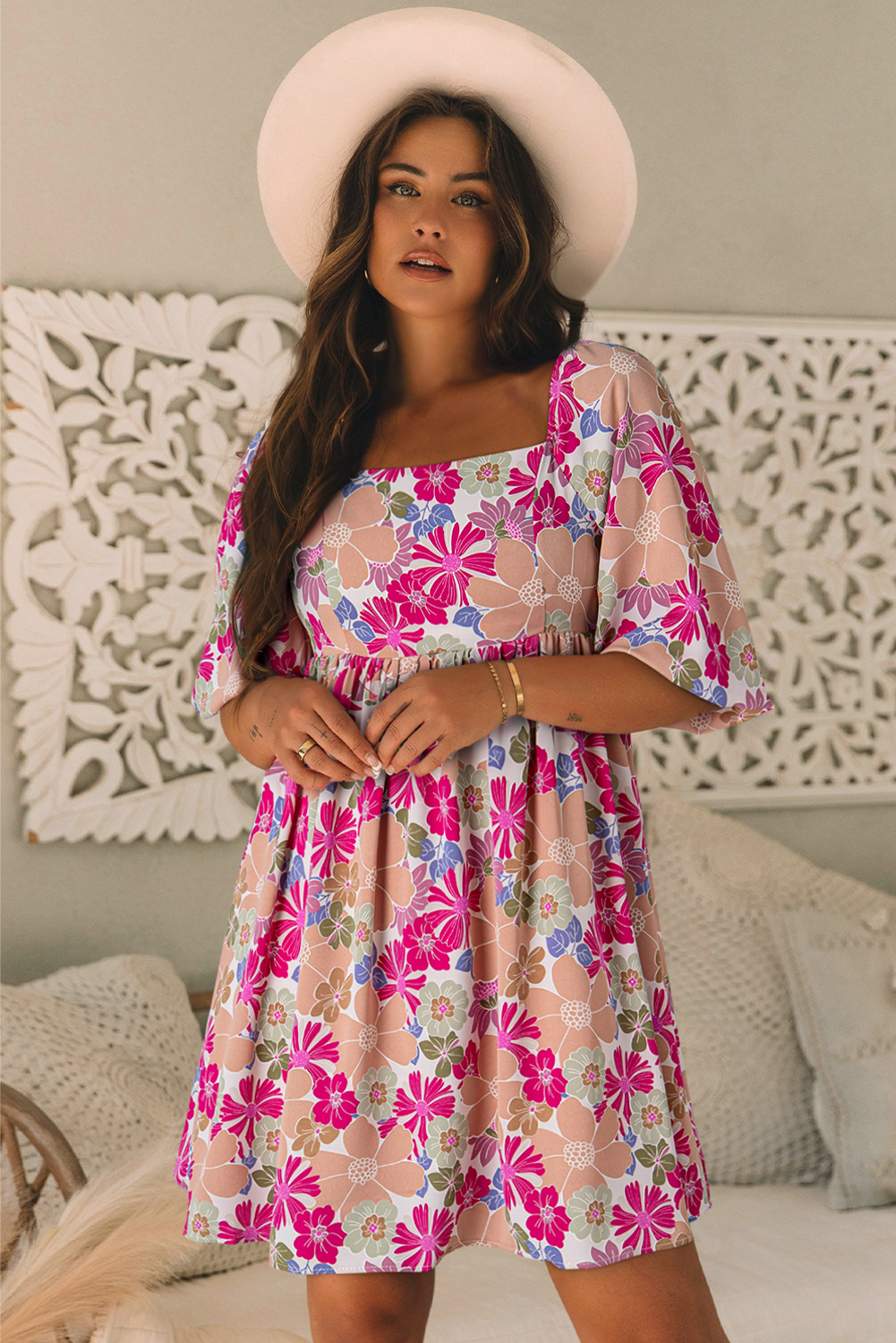 Rose Summer Floral Square Neck Puff Sleeve Babydoll Dress - Image 3