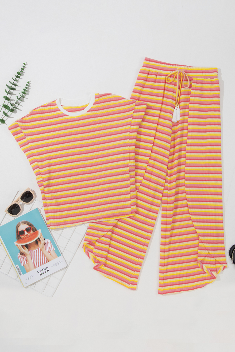 Yellow Stripe Rainbow Tee Tasseled String Wide Leg Pants Set - Image 6