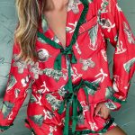 Red Christmas Fashion Print Contrast Ruffle Trim Ribbon Bow Knot 2pcs Pajama Set