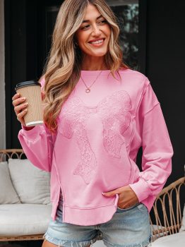 Bonbon Lace Insert Bow Embroidered Exposed Seam Sweatshirt