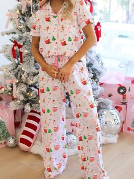 Pink Christmas Spirit Cute Holiday Print Short Sleeve Shirt and Pants 2pcs Pajama Set