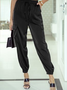 Black Satin Pocketed Drawstring Elastic Waist Pants