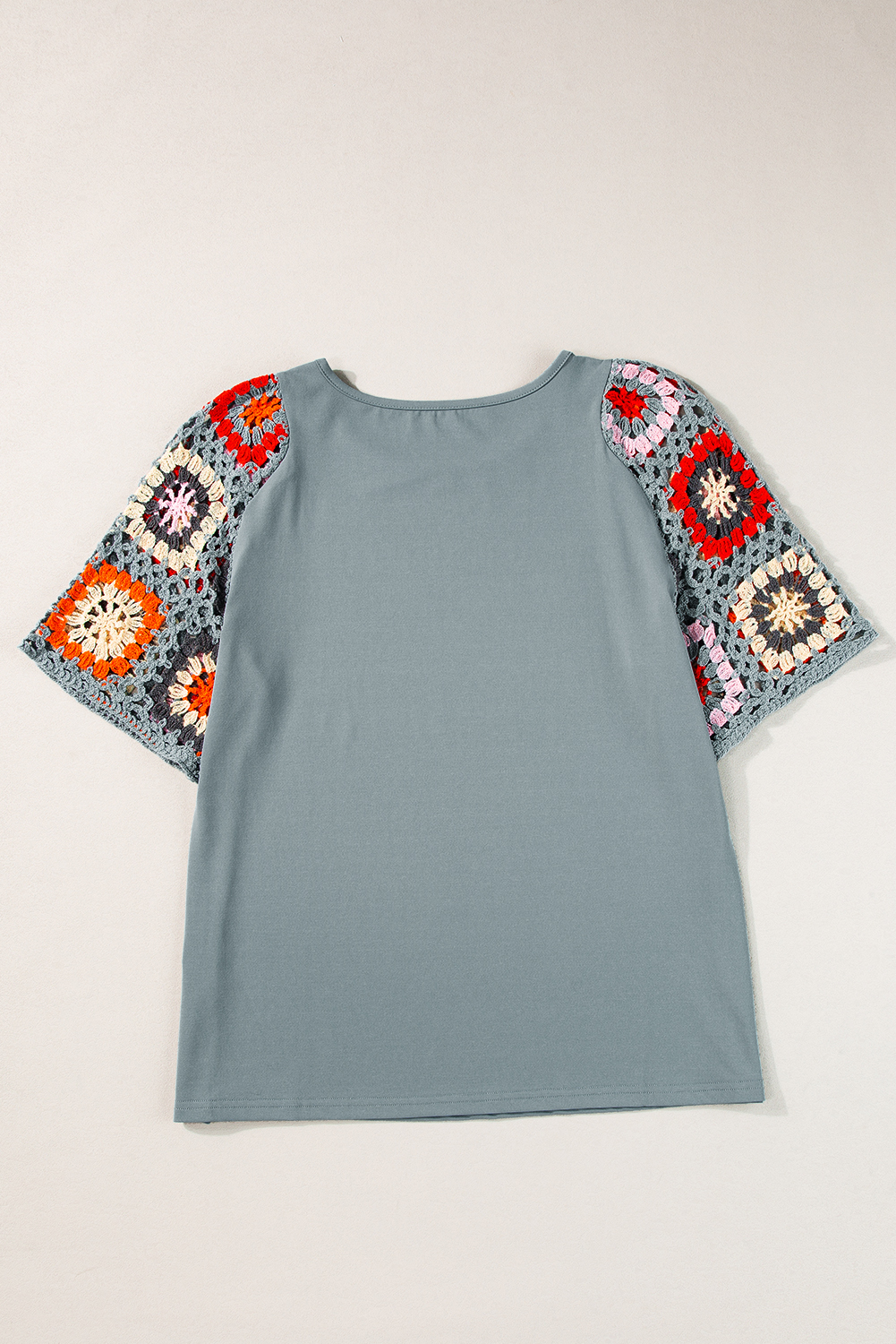 Medium Grey Floral Crochet Short Sleeve Top - Image 4
